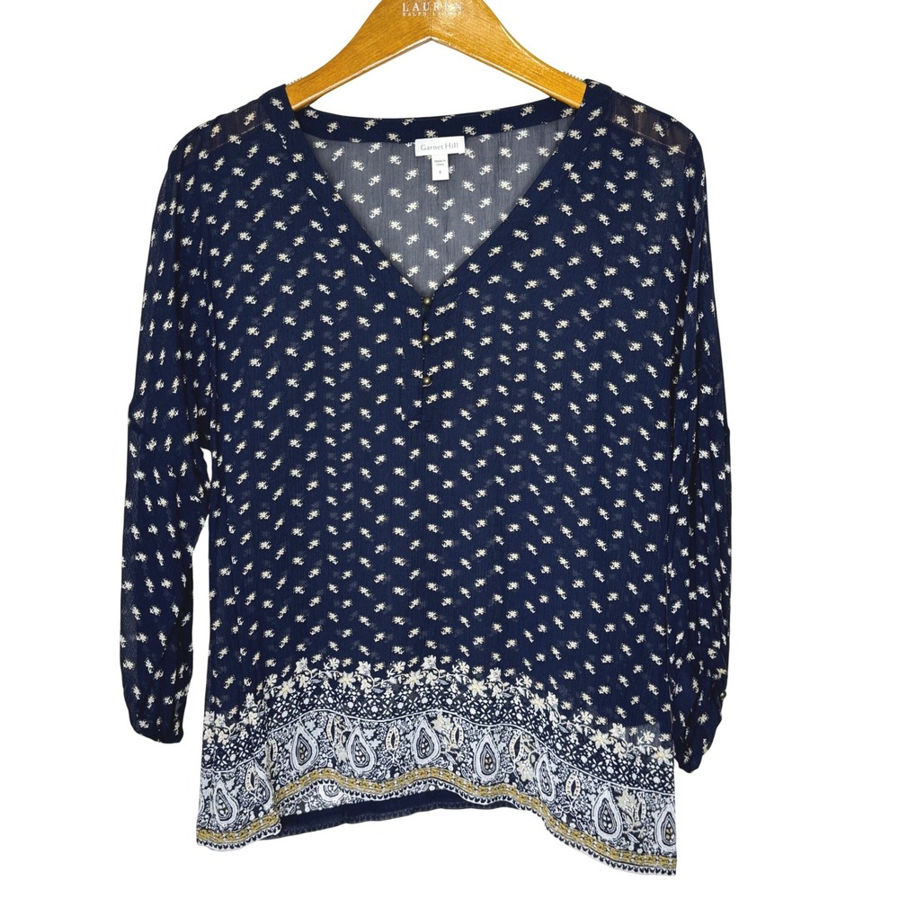 Garnet Hill‎ Floral Silk Top Size 6 Blue